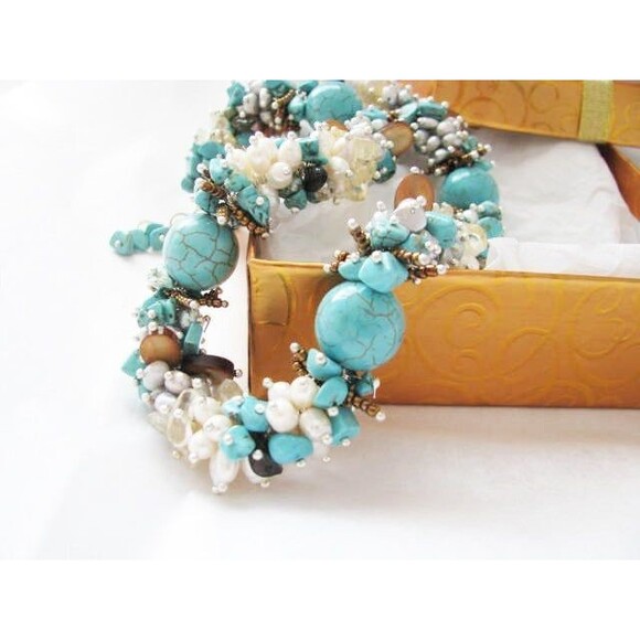 Turquoise Multi-Gemstone Fresh Water Pearl Cluster Wire wrapped Necklace - Picture 4 of 8